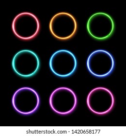Colorful neon light ring set. Glowing colored circles background. 3d electric led or halogen lamp round frames. Technology geometric shape borders with reflection vector illustration in 1980s style.