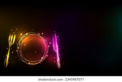 colorful neon light shaped cutlery for cafe or restaurant signboard, advertising, banner.