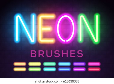 Colorful Neon Lights Brushes for Your Custom Sign. All Brushes in Brushes Panel. Vector Illustration.