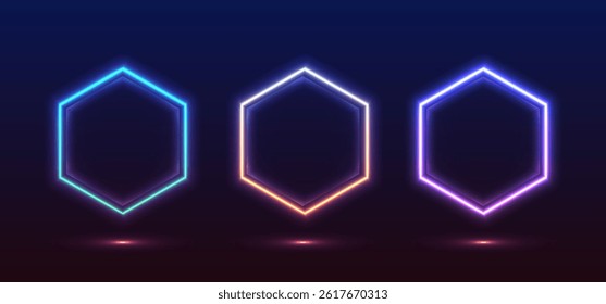 Colorful neon lights flashing in green, blue, white, pink, and violet on an abstract background. Circle ,rectangle, hexagon differetnt shapes background vector design. Background with glowing swirls.