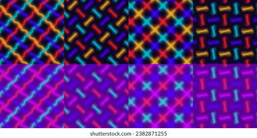 Colorful neon lights seamless patterns set, colorful bright gradient mesh visuals.