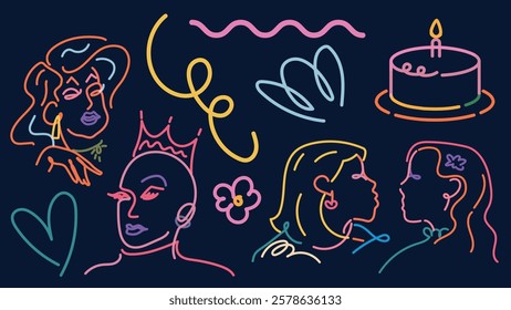 Colorful neon line art of diverse faces, cake, and crown. Vibrant neon faces, neon cake, and neon crown create a lively. Doodle vector set.