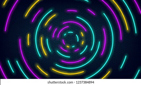 Colorful neon lines at brick wall. Dark background with vivid colors. Vector, isolated, eps 10.