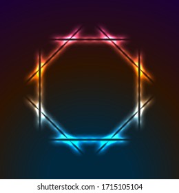 Colorful neon luminous octagon frame abstract retro background. Vector design