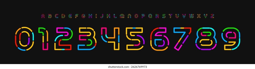 Colorful Neon Number Font, Bright Modular Outline Alphabet for party posters, digital games, hoodie and jersey branding for youthful teams, tech visuals, and UI elements. Vector Illustration.