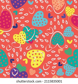Patrón de neón colorido con corazones, gotas de lluvia sobre fondo naranja. Ilustración vectorial. Patrón para el Día de San Valentín 