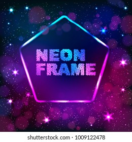 Colorful neon pentagon frame on a dark star background, vector abstract illustration.