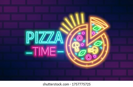 Colorful neon pizzeria signboard vector flat illustration. Bright pizza time cafe with inscription isolated on brick wall background. Glowing light sign of restaurant, cafeteria or bistro