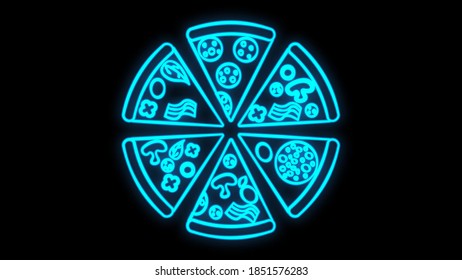 Colorful neon pizzeria signboard vector flat illustration. Bright pizza time cafe with inscription isolated on brick wall background. Glowing light sign of restaurant, cafeteria or bistro.