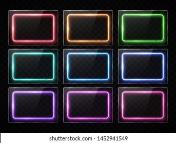 Colorful neon rectangle banners collection. Glowing square buttons set on transparent background. Shining electric led halogen lamp frame. Bright futuristic vector illustration for infographic design