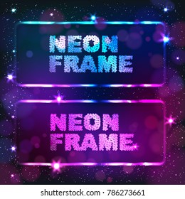 Colorful neon rectangle frame on a dark star background, vector abstract illustration.