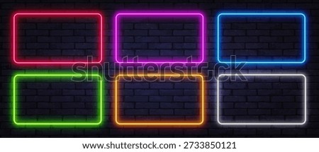 Colorful neon rectangles glowing on a dark brick wall. Bright modern background in red, pink, blue, green, orange, and white perfect for digital art or signage.