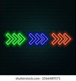 Colorful Neon Right Arrows Icons on Dark Wall Background. Location Indicator Casino, Bar, Night Club, Cinema and Motel. Glowing Neon Arrows of Different Colors. Isolated Vector Illustration..