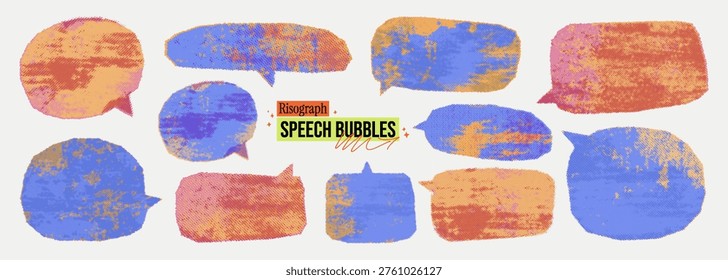 Colorful neon risograph speech bubble background set. Vintage street style halftone overlay shapes with scratch dotted texture. Punk distressed bg with place for text. Urban ink riso print effect.