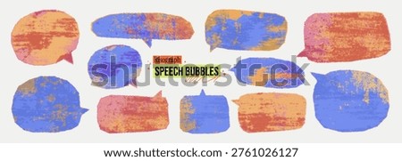 Colorful neon risograph speech bubble background set. Vintage street style halftone overlay shapes with scratch dotted texture. Punk distressed bg with place for text. Urban ink riso print effect.