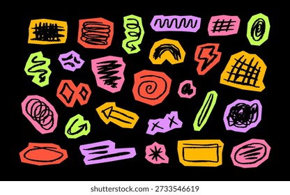 Colorful neon scribble sticker set with hand drawn abstract shapes and arrows