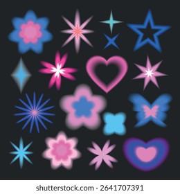 Colorful neon shapes including stars, hearts, and flowers in pink and blue on a dark background. Vibrant neon stars and neon hearts create a lively pattern. Cute glowing element set vector.