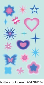 Colorful neon shapes including stars, hearts, and flowers in pink and blue on a dark background. Vibrant neon stars and neon hearts create a lively pattern. Cute glowing element set vector.