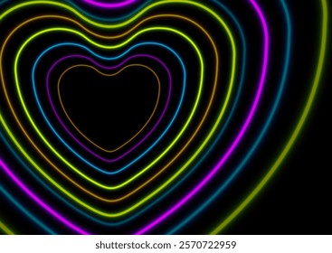 Colorful neon shiny hearts abstract holiday background. St Valentines Day glowing vector greeting design