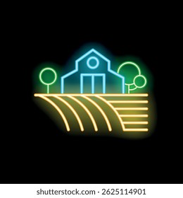 Sinal de néon colorido representando uma paisagem agrícola com um celeiro e campos, brilhando sobre um fundo escuro