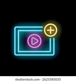 Sinal de néon colorido ilustrando um player de vídeo com sinal de adição, simbolizando o conceito de adicionar conteúdo de vídeo a uma lista de reprodução
