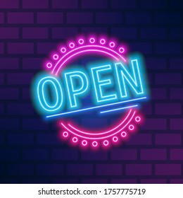 Colorful neon signboard open vector flat illustration. Bright glowing inscription in circle with design elements isolated on brick wall background. Illuminated decorative symbol