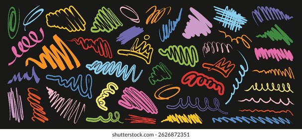 Colorful neon sketches, strokes, and doodles on a black background. Hand-drawn squiggly lines, spirals, underlines, and crowns, decorative elements for creative design and note-taking.