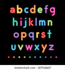 colorful neon small alphabet letters a to z fonts. vector.