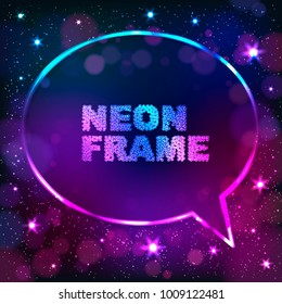 Colorful neon speech bubble frame on a dark star background, vector abstract illustration.