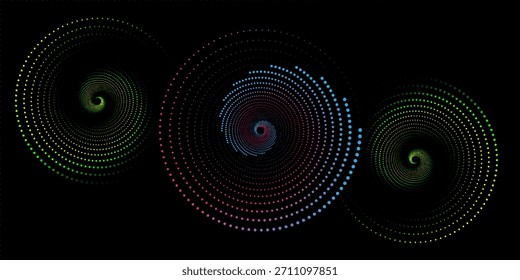 Patrón de punto espiral de neón colorido sobre fondo negro