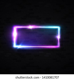 Colorful neon square background. Laser light tube. on dark brick wall. Design element for night bar or casino sign in retro style. Chrome effect. 3d bright signage. Night tech vector illustration.