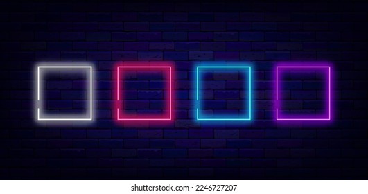 Colorful neon square frames collection. Borders set on brick wall. Space for text. Shiny sign. Glowing poster. Editable stroke. Vector stock illustration