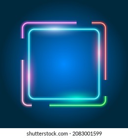 Colorful neon square shape frame, glowing sign on dark background, vector illustration.