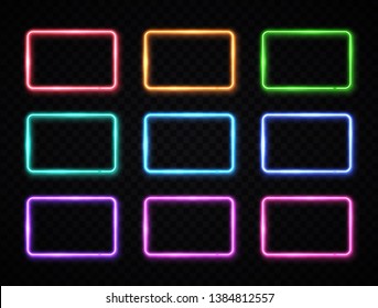 Colorful neon square signs set. Glowing color rectangles collection on transparent background. Shining led or halogen lamps frame banners. Bright futuristic vector illustration for decoration covering