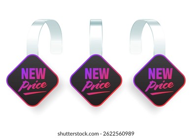 Colorful neon supermarket promotional wobblers. Realistic wobbler template for shelf advertising. Sale or discount label with ad text. Special offer price tag. Vector illustration