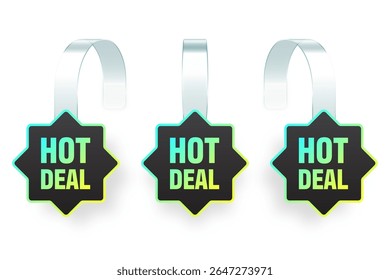 Colorful neon supermarket promotional wobblers. Realistic wobbler template for shelf advertising. Sale or discount label with ad text. Special offer price tag. Vector illustration