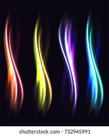 Colorful of neon swirl line in motion. Vector glowing curved and transparent frame with magic sparkles on dark cover. Lighting abstract element with burst and glitter