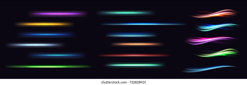 Colorful of neon swirl lines in motion. Vector glowing curved and transparent frames with magic sparkles on dark background. Lighting abstract element set with burst and glitter
