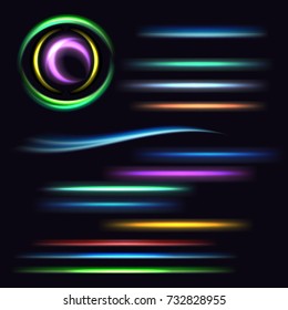 Colorful of neon swirl lines in motion. Vector glowing curved and transparent frames with magic sparkles on dark background. Lighting abstract element set with burst and glitter