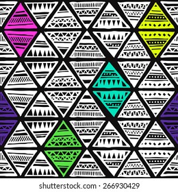 colorful neon tribal Navajo pattern with triangles. fresh summer aztec geometric print. ethnic hipster backdrop. hand drawn 