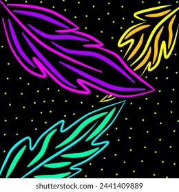 Colorful Neon Vector Design Showing Leaves against Starry Background.