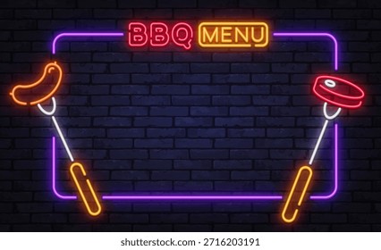 Colorido marco de Vector de neón con letras de menú de barbacoa e íconos de comida a la parrilla. Diseñado para menús de restaurantes, eventos al aire libre y noches de barbacoa.