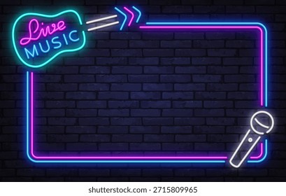 Marco colorido del Vector de neón con la muestra de la música viva, las flechas, y el icono del micrófono. Perfecto para carteles de conciertos, eventos de clubes y anuncios de vida nocturna.