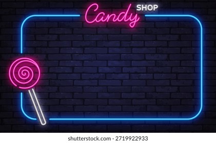 Colorful neon vector frame with lollipop and candy shop lettering. Designed for sweet stores, children menus, and playful advertising layouts.