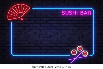 Marco de Vector de neón colorido con texto de barra de sushi, símbolo de ventilador y palillos. Ideal para publicidad de cocina japonesa, carteles de vida nocturna y conceptos de restaurantes de moda.