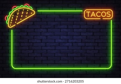 Colorful neon vector frame with tacos sign and Mexican food icon. Ideal for street food ads, fast casual branding, and lively menu designs.