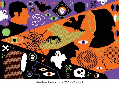 Colorful neon vector Halloween concept illustration featuring witch, vampire, spider, ghosts, pumpkin, bat, skulls, web, and eyes in cartoon style. Party seasonal decorations