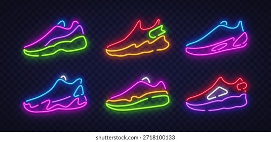 Farbenfrohe Neon-Vektorgrafik von modernen Turnschuhen Symbole in verschiedenen Stilen. Ideal für Schuhkataloge, Sport-Branding und Städtebauprojekte.