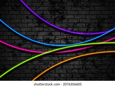 Colorful neon waves on grunge brick wall background. Concept futuristic tech vector design