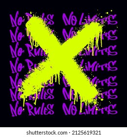 Colorful neon x grunge poster. Street style art text in green and purple colors on black background. No rules. No limits. Grungy lettering illustration